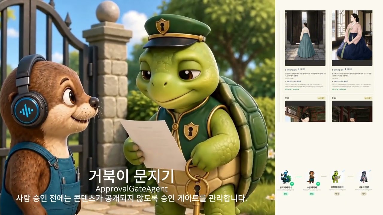 제작 파이프라인 소개 영상 프레임 — AI 에이전트 승인 게이트